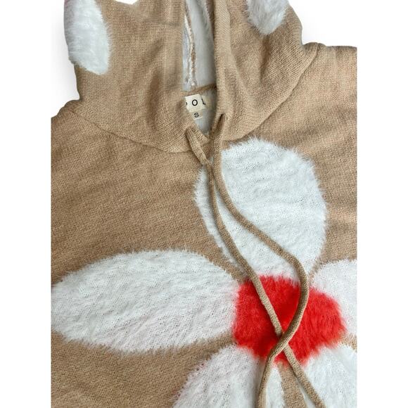 POL Daisy Fuzzy Hooded Oversized Sweater Tan White Floral Unique Pullover Small - Picture 11 of 15